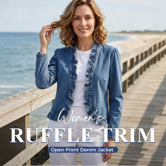 🧥40% OFF NOW!! 🌸 Women's Denim Jacket with Ruffles & Open Front – Lightweight & Feminine – Versatile & Chic 👗