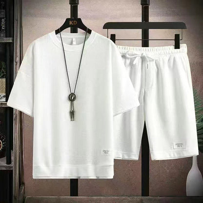 👕 50% OFF NOW! 🌿 Waffle Fabric Short Sleeve T-Shirt 2-Piece Set – Breathable, Loose Fit & Side Pockets – Unisex Comfort ✨