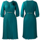 Women's 3/4 Sleeve Pleated Midi Dress with Belt