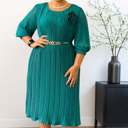 Women's 3/4 Sleeve Pleated Midi Dress with Belt