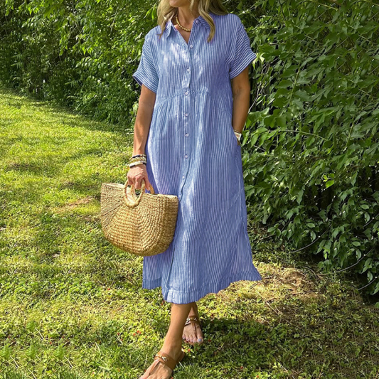 Women's V-Neck Lapel Striped Long Shirt Dress