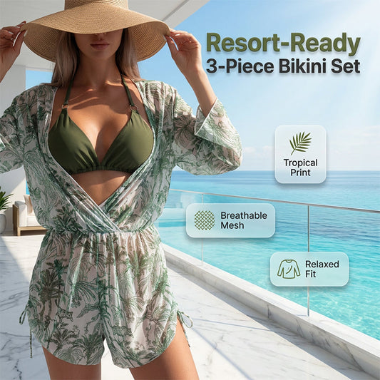 3-Piece Bikini Set with Sheer Romper Cover-Up