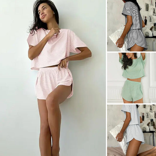 Women's Comfortable Striped Print Short-Sleeved Top And Shorts 2-Piece Lounge Sets