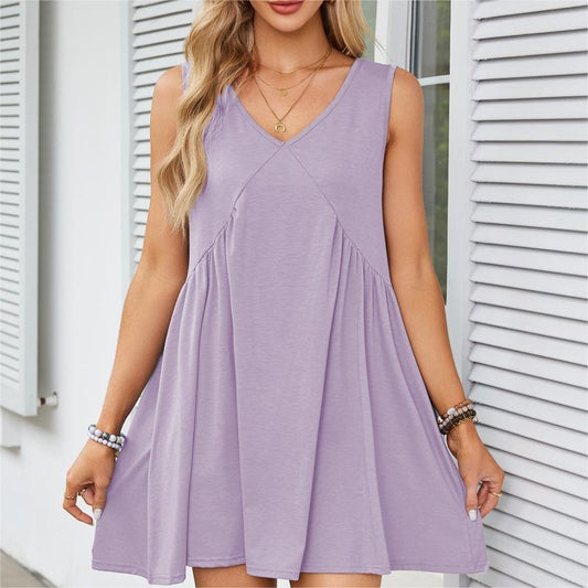 Women’s V-Neck Sleeveless Pleated Dress | Loose & Elegant, Summer Versatile! 👗✨