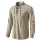 Men's Cotton-Linen High-Collar Henley Shirt | Long Sleeve, Breathable Comfort, Vacation Essential! 👕🌊
