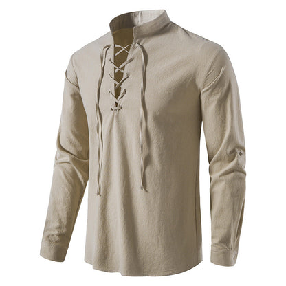 Men's Cotton-Linen High-Collar Henley Shirt | Long Sleeve, Breathable Comfort, Vacation Essential! 👕🌊
