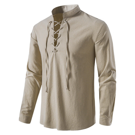 Men's Cotton-Linen High-Collar Henley Shirt | Long Sleeve, Breathable Comfort, Vacation Essential! 👕🌊