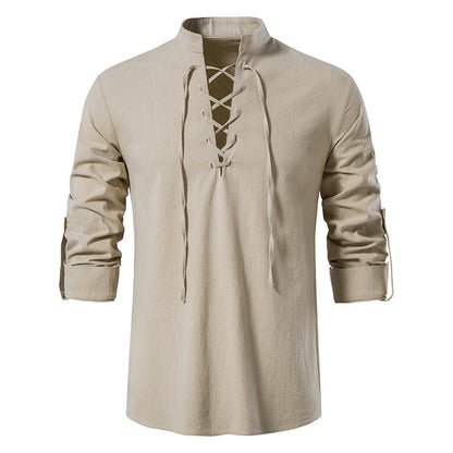 Men's Cotton-Linen High-Collar Henley Shirt | Long Sleeve, Breathable Comfort, Vacation Essential! 👕🌊