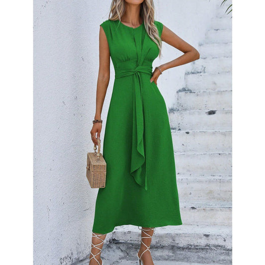 Women's Elegant Solid Crew Neck Dress | Sleeveless, Self-Tie Waist, Versatile Chic! 👗✨