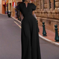 Women's V-Neck Wide-Leg Jumpsuit with Button Detail - Office to Evening
