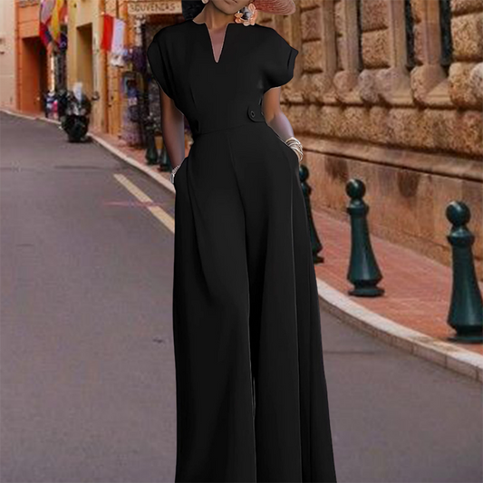 Women's V-Neck Wide-Leg Jumpsuit with Button Detail - Office to Evening