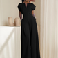 Women's V-Neck Wide-Leg Jumpsuit with Button Detail - Office to Evening