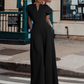 Women's V-Neck Wide-Leg Jumpsuit with Button Detail - Office to Evening