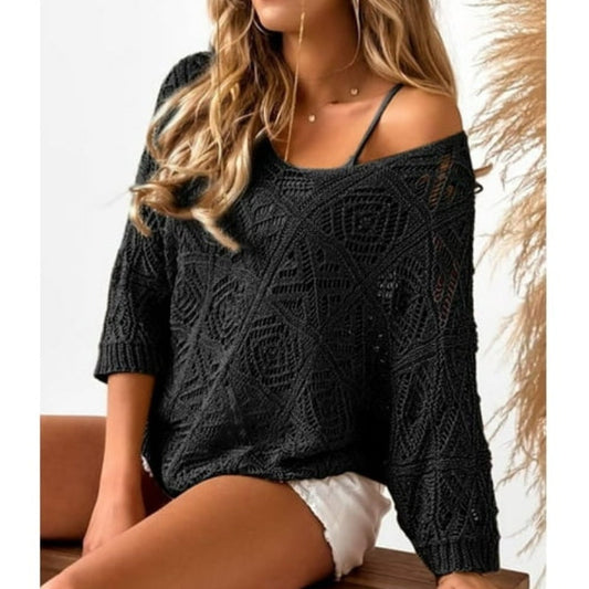 Women's Summer Crochet Openwork 3/4 Sleeve Pullover Knit Top