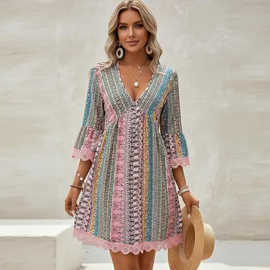 Women's Bohemian Print V-Neck Mini Dress