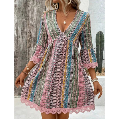 Women's Bohemian Print V-Neck Mini Dress