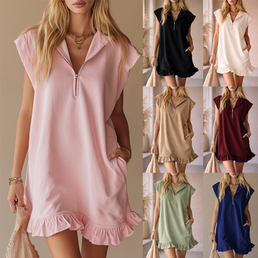 Women's Sleeveless Half-Zip Ruffle Hem Dress with Pockets - Versatile & Comfy
