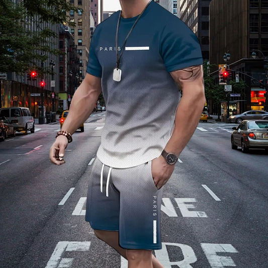 🏖️Summer Cool Deal: ONLY 💲15.99!!😎Men's Gradient Color T-Shirt & Shorts Set