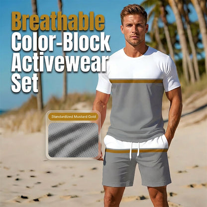 🏖️👕 Men's Summer Color-Block Sportswear Set – Breathable Athletic T-Shirt & Drawstring Shorts 2-Piece Outfit