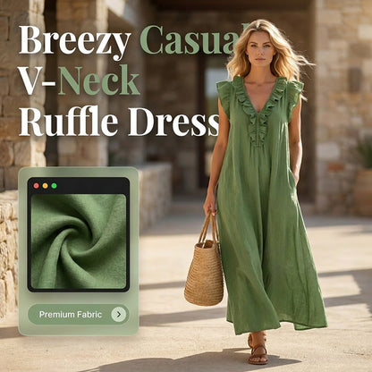 👗✨ Women's Casual Sleeveless V-Neck Ruffle Dress – Flowy Summer Maxi Dress with Pockets