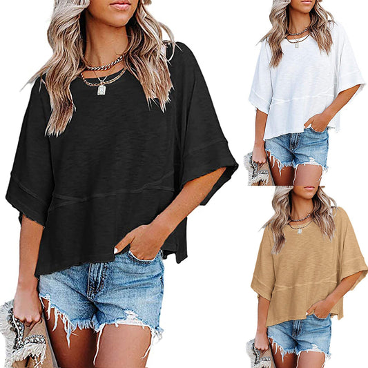 Women's Flare Sleeve Loose Fit T-Shirt – Solid Color Patchwork Casual Top for Women
