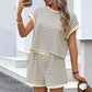 Crew Neck Striped Top & Elastic Waistband Shorts Set