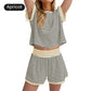 Crew Neck Striped Top & Elastic Waistband Shorts Set